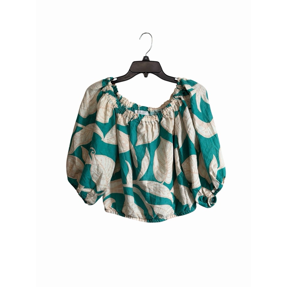 Rachel Zoe Med Tropical Floral Off Shoulder Cropped Shirt Teal Cream